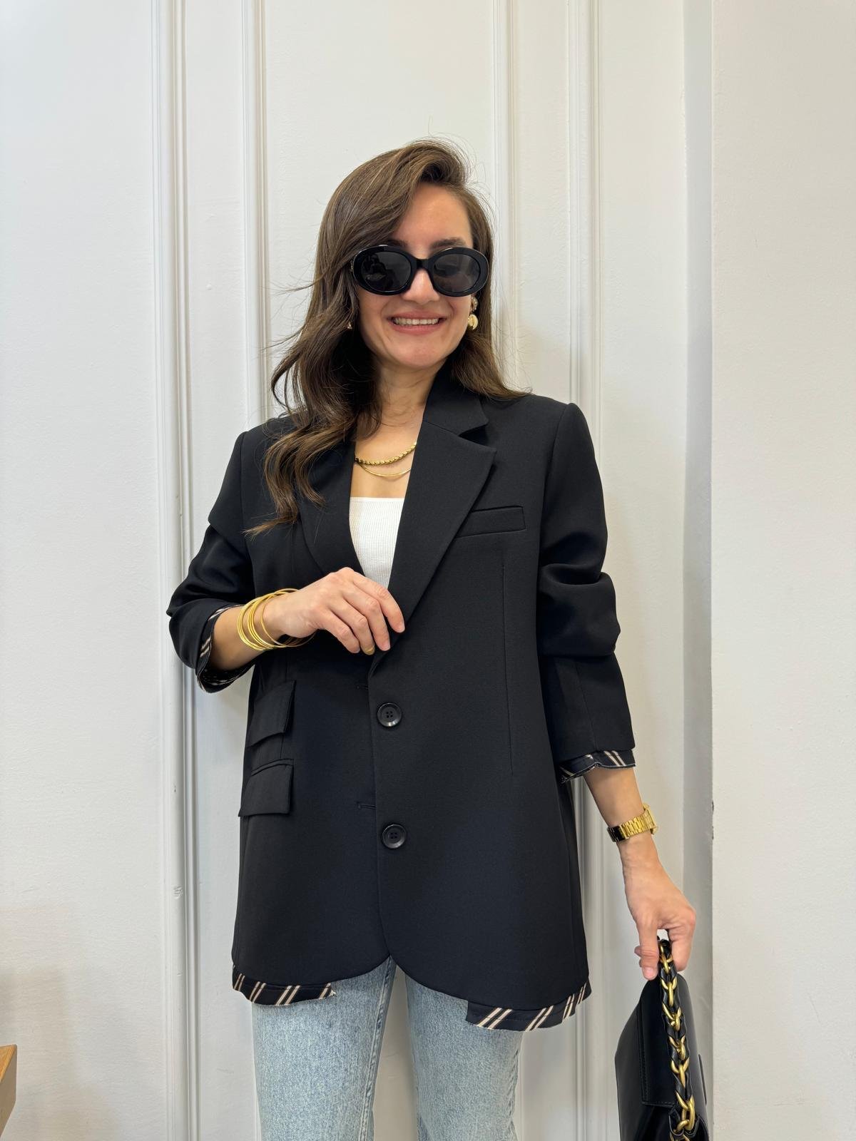 Siyah Premıum Kalite Astar Detaylı Double Kumaş Blazer Ceket 9456