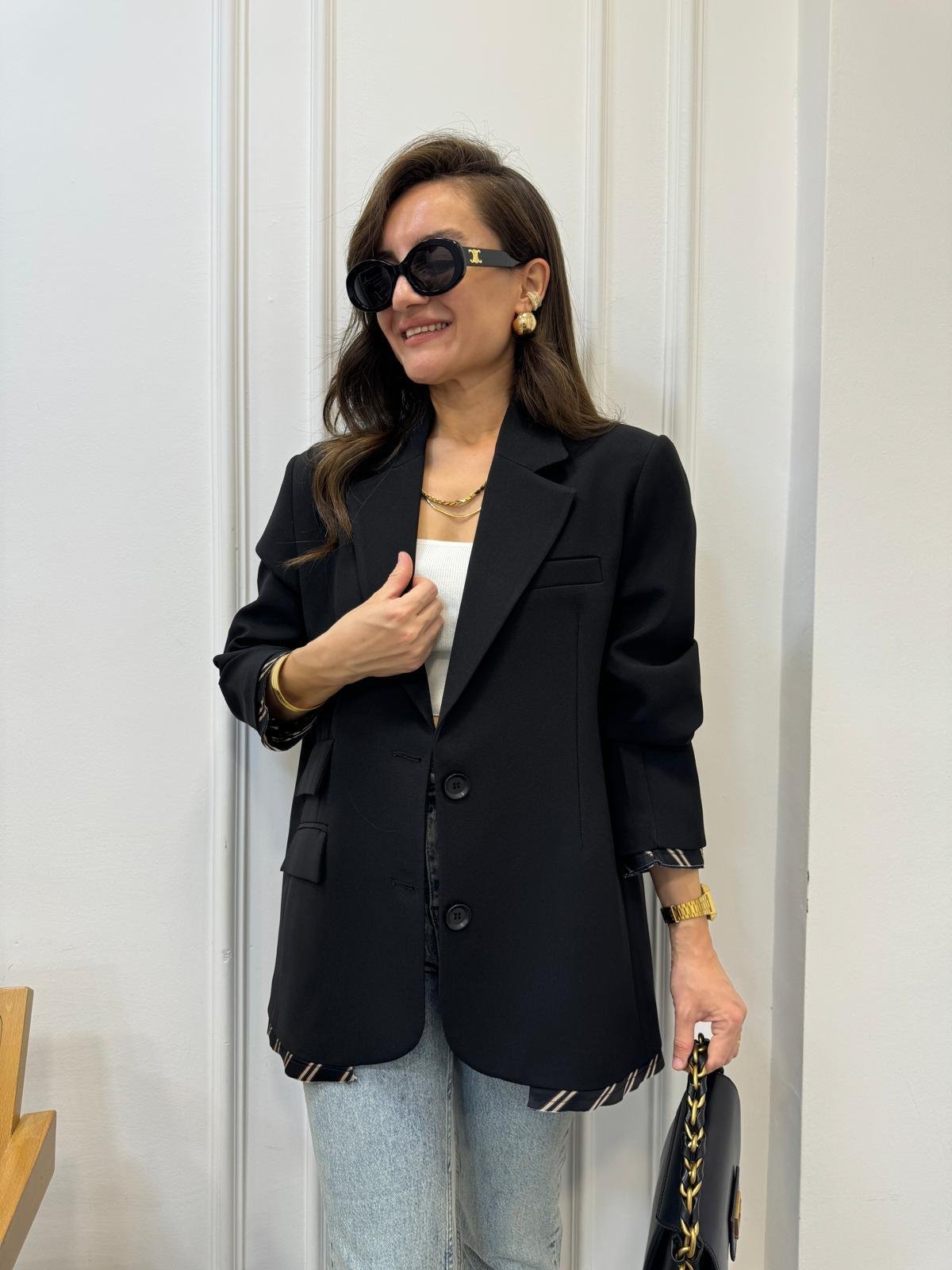 Siyah Premıum Kalite Astar Detaylı Double Kumaş Blazer Ceket 9456