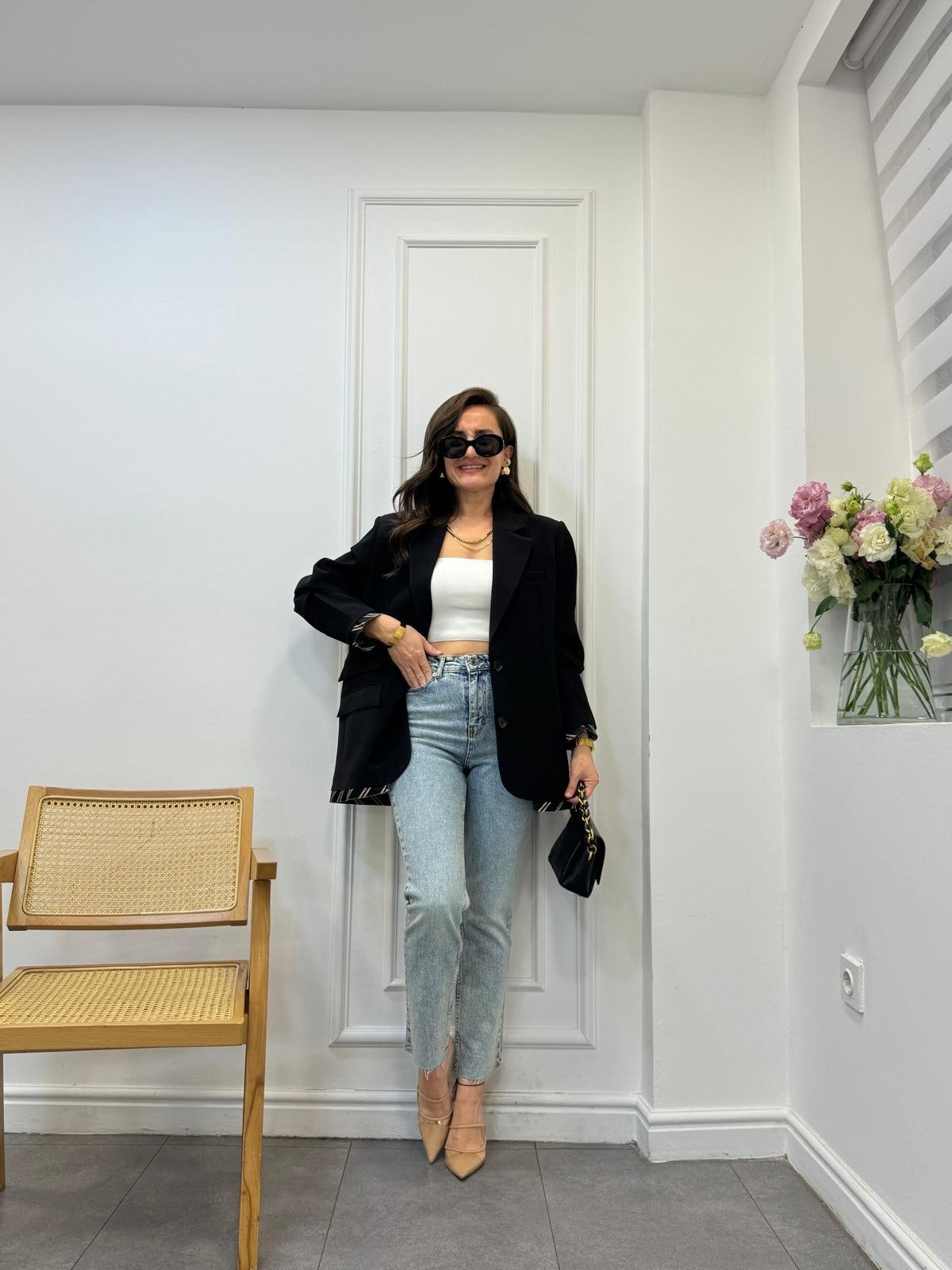 Siyah Premıum Kalite Astar Detaylı Double Kumaş Blazer Ceket 9456