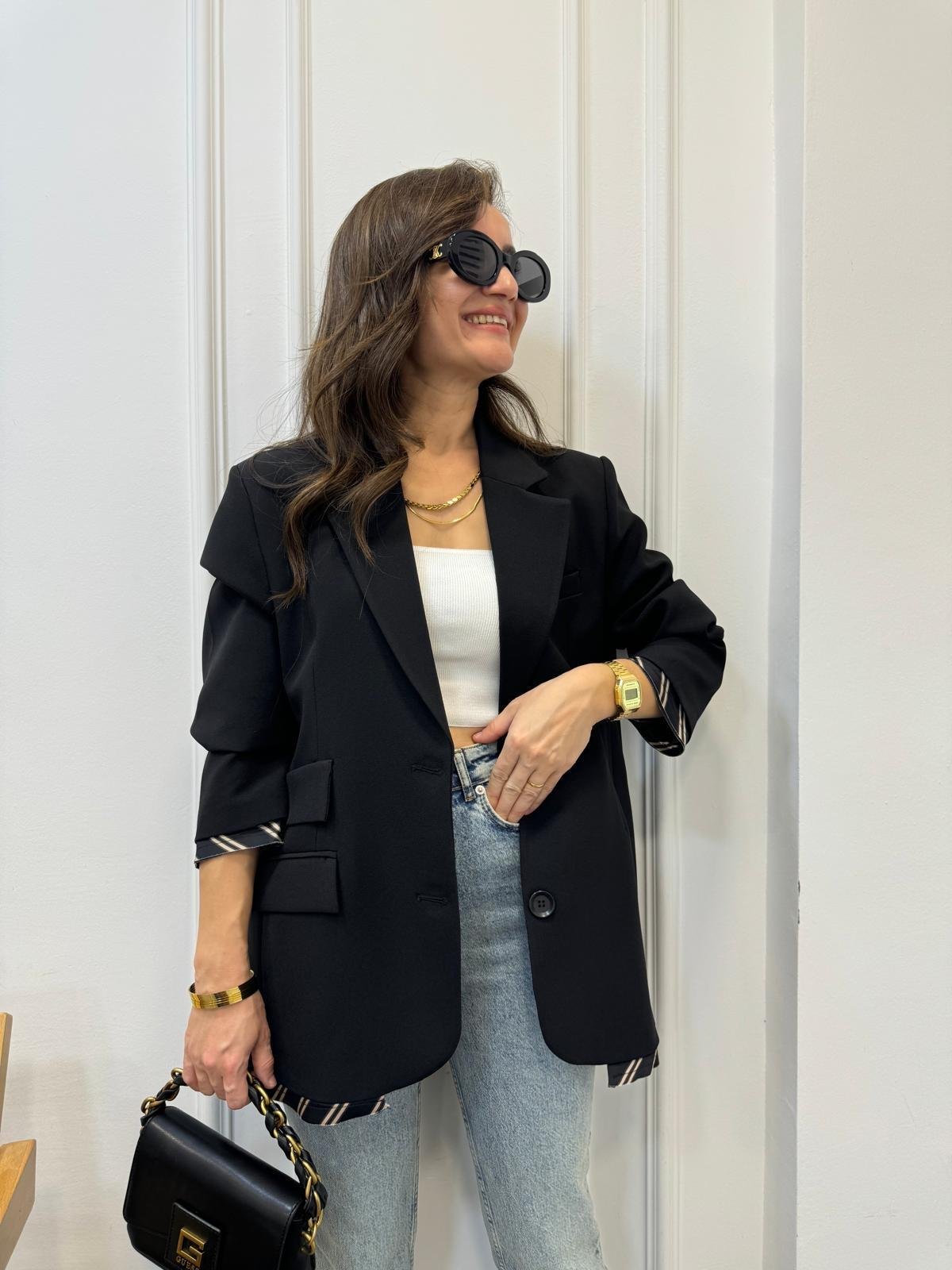 Siyah Premıum Kalite Astar Detaylı Double Kumaş Blazer Ceket 9456