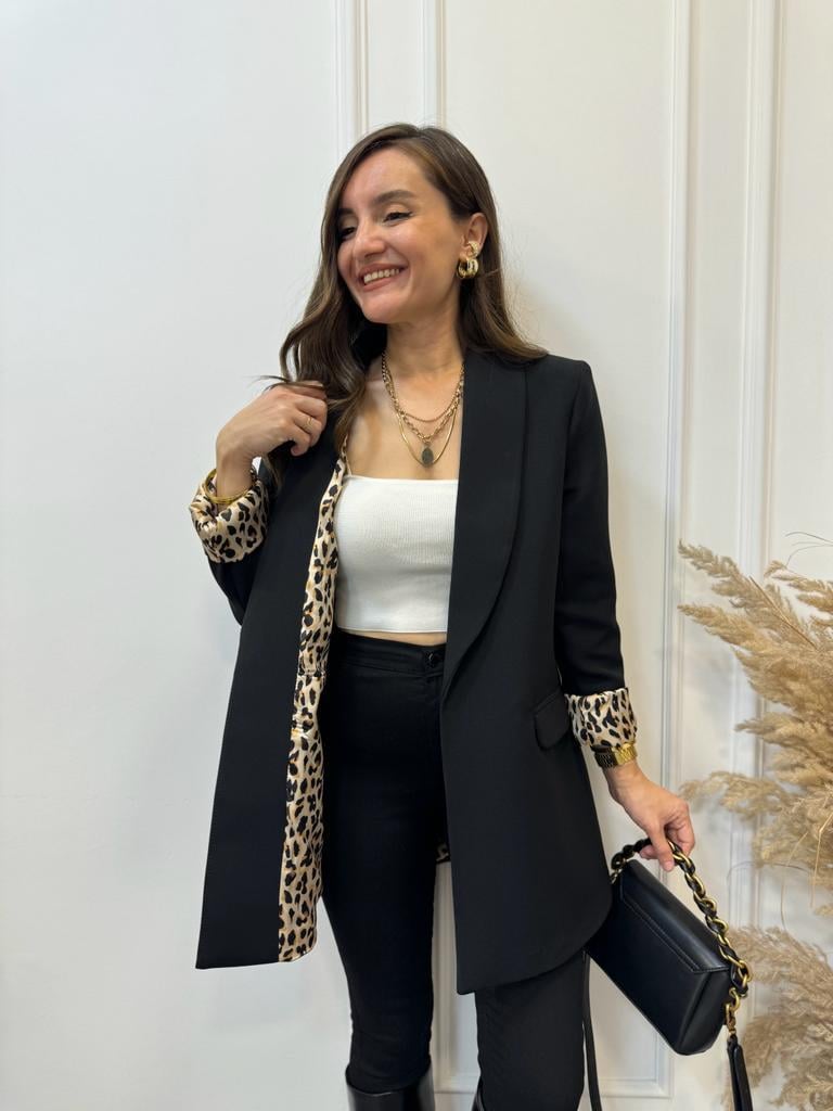 Siyah Premium Kalite Leopar Astarlı Blazer Ceket 9227