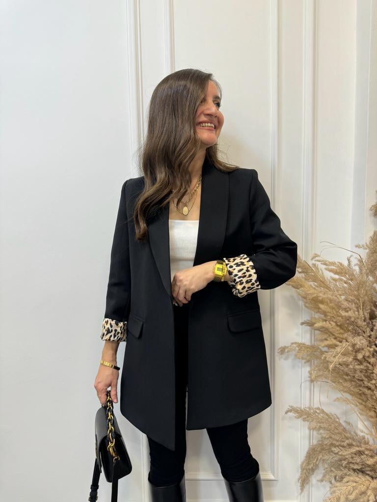 Siyah Premium Kalite Leopar Astarlı Blazer Ceket 9227