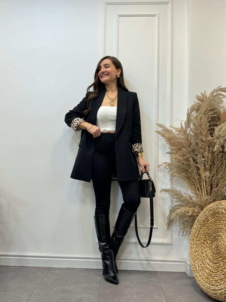 Siyah Premium Kalite Leopar Astarlı Blazer Ceket 9227