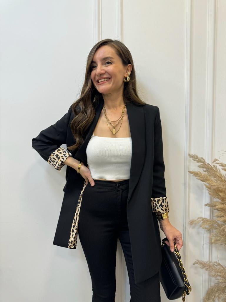 Siyah Premium Kalite Leopar Astarlı Blazer Ceket 9227