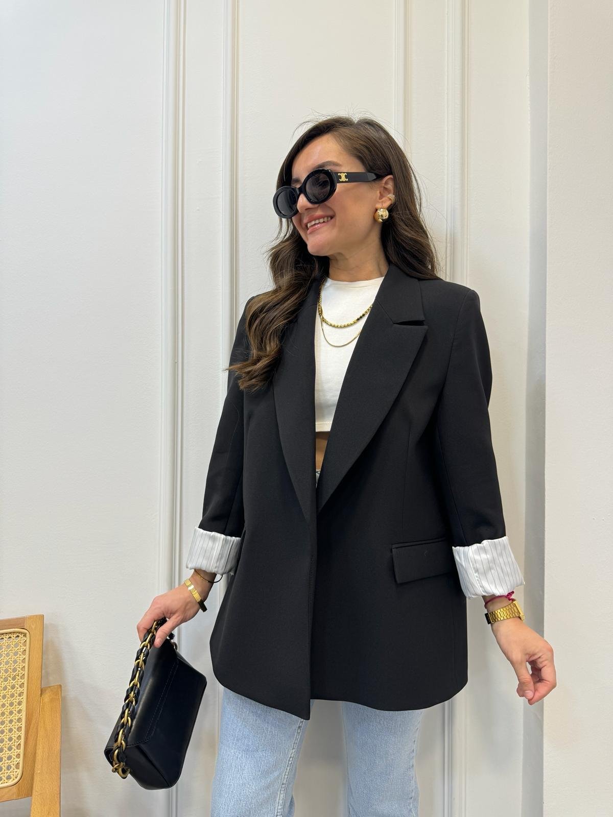 Siyah Premium Kalite Marin Astarlı Blazer Ceket 9134