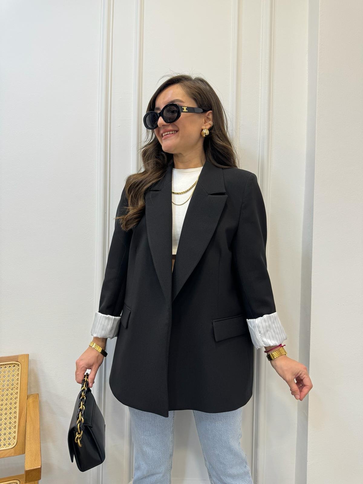 Siyah Premium Kalite Marin Astarlı Blazer Ceket 9134