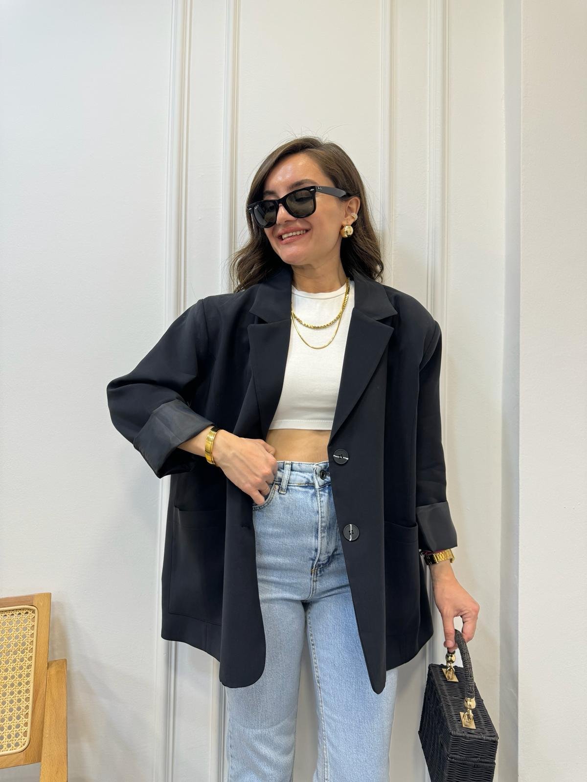 Siyah Premıum Kalite Torba Cep Blazer Ceket 9437