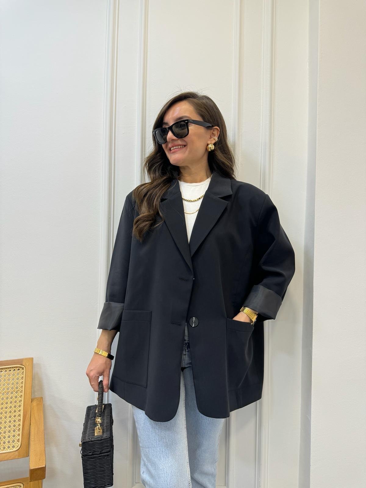 Siyah Premıum Kalite Torba Cep Blazer Ceket 9437