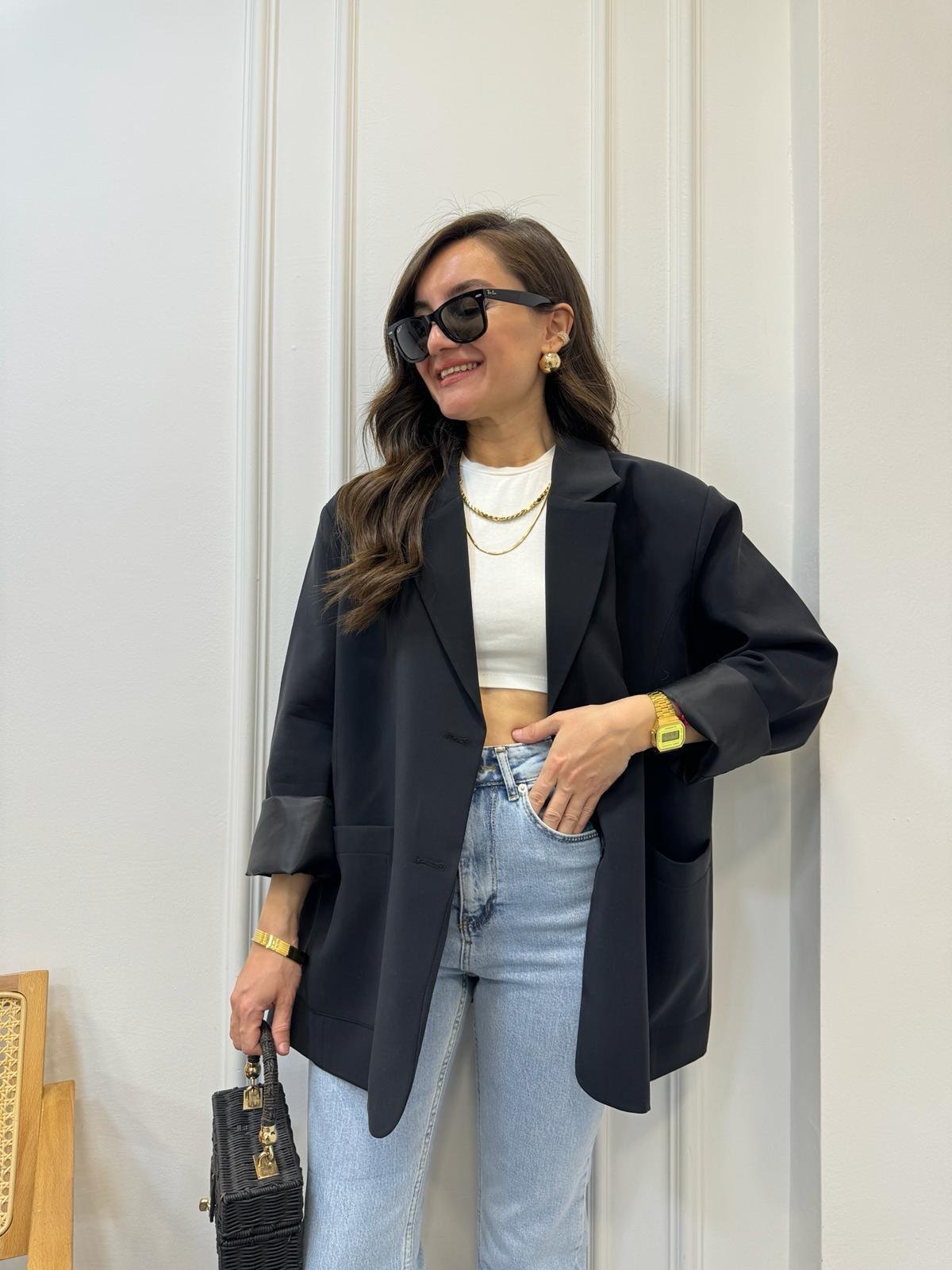 Siyah Premıum Kalite Torba Cep Blazer Ceket 9437