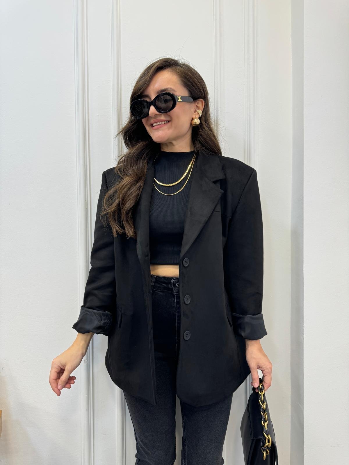 Siyah Premium Seri Çift Cepli Süet Blazer Ceket 2509