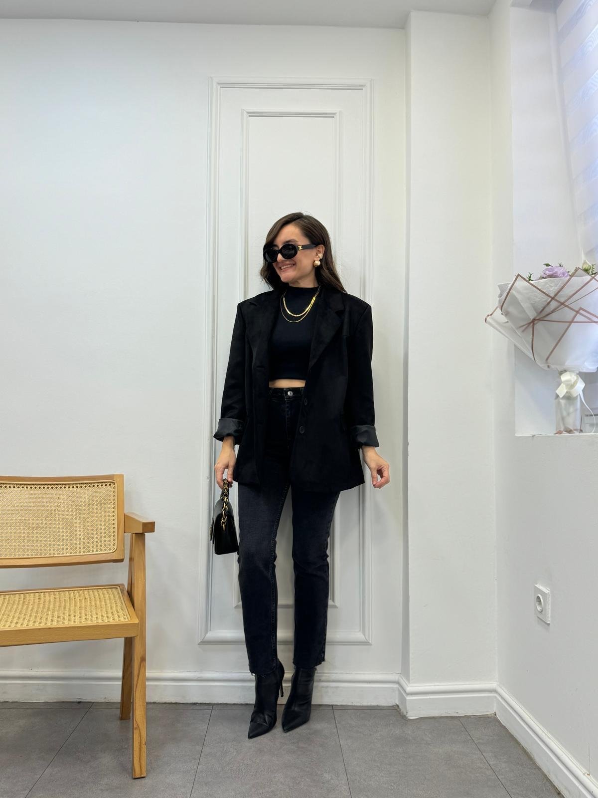 Siyah Premium Seri Çift Cepli Süet Blazer Ceket 2509