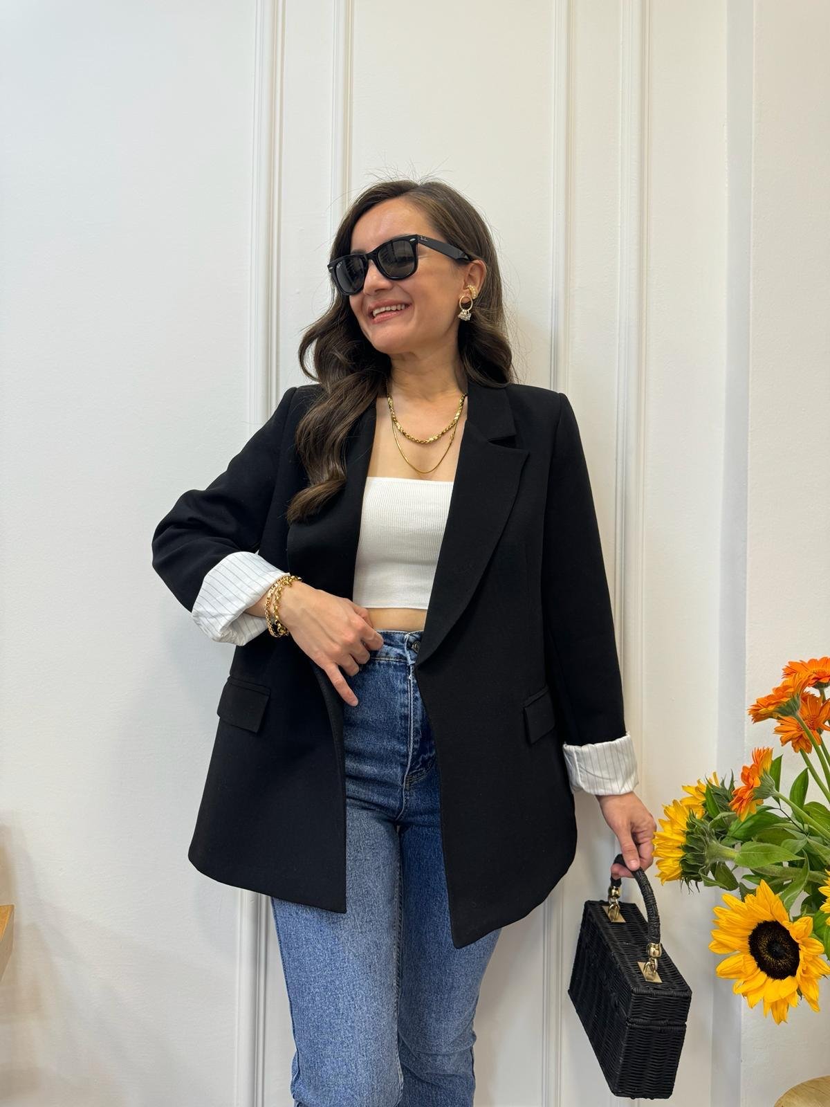 Siyah Premıum Seri Çizgili Astarlı Keten Blazer Ceket 9158