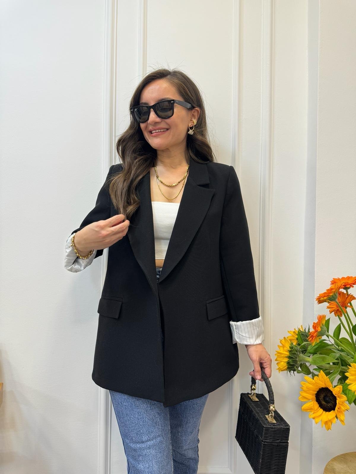 Siyah Premıum Seri Çizgili Astarlı Keten Blazer Ceket 9158