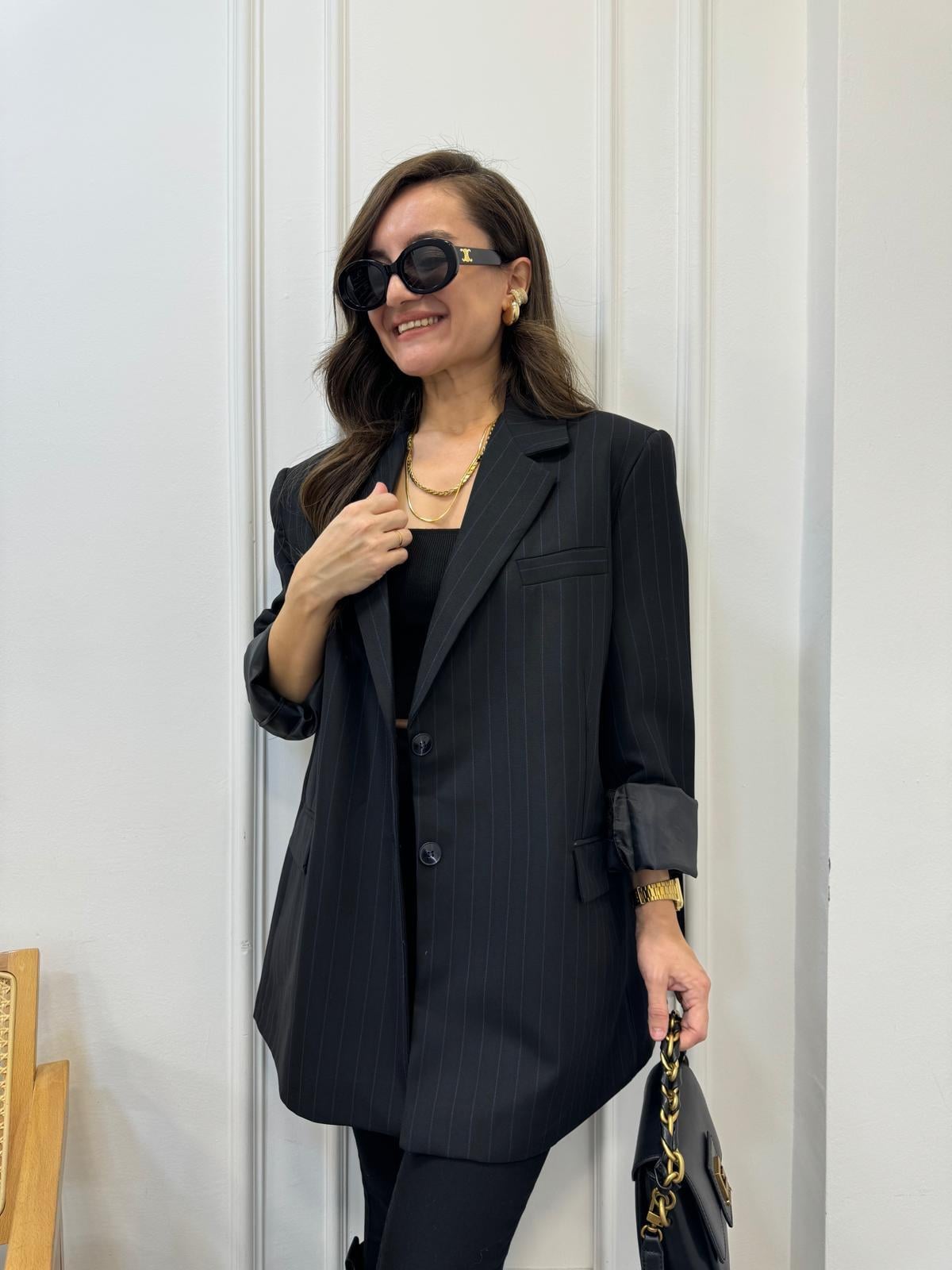 Siyah Premıum Seri Çizgili Blazer Ceket 9459