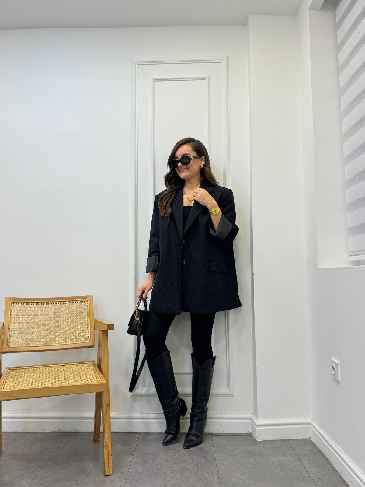 Siyah Premıum Seri Çizgili Blazer Ceket 9459