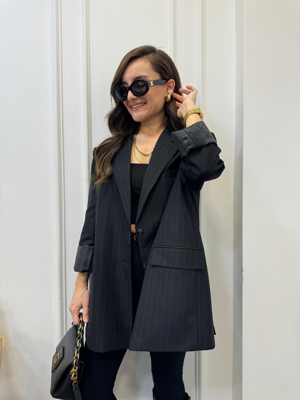 Siyah Premıum Seri Çizgili Blazer Ceket 9459