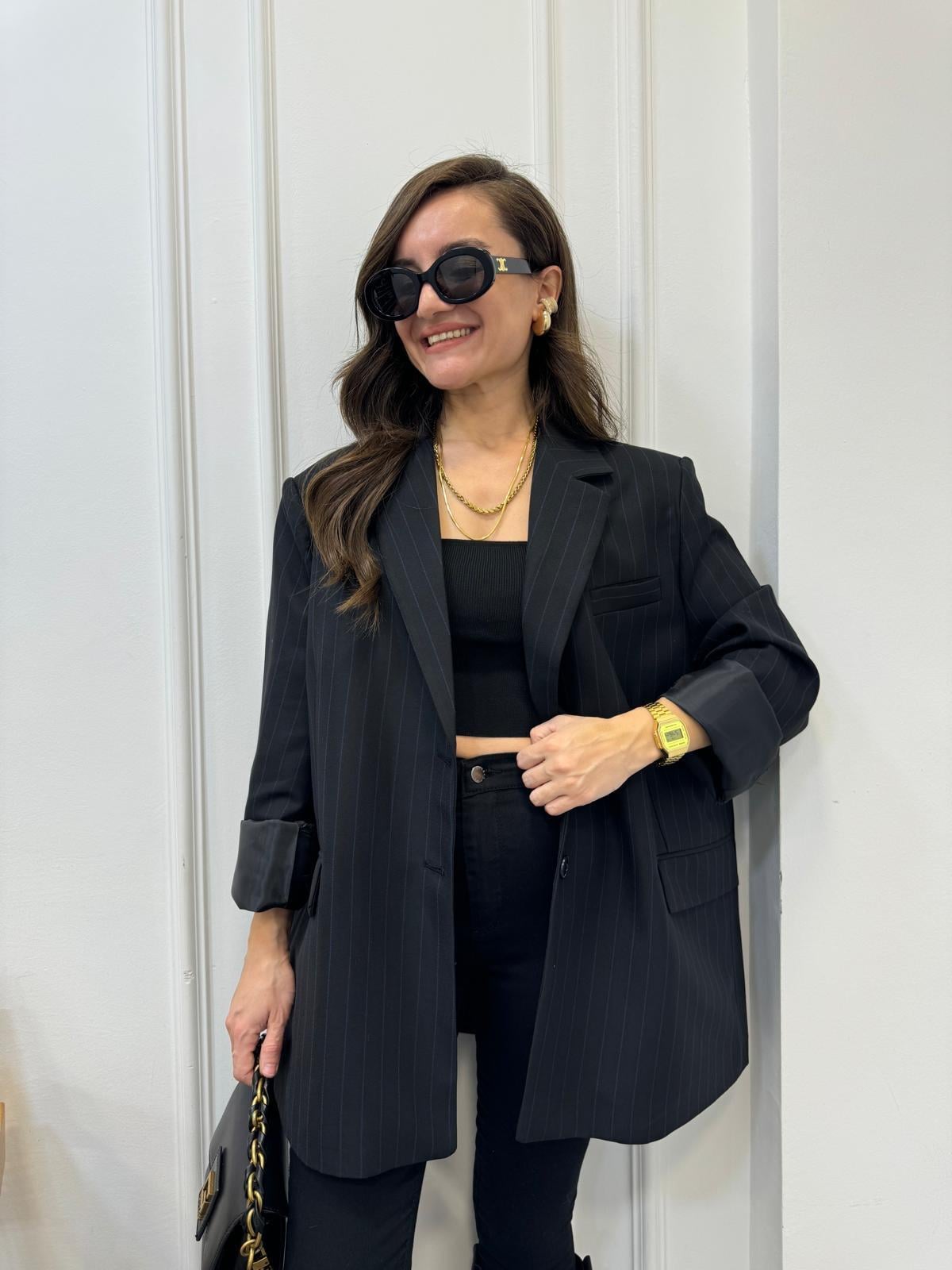 Siyah Premıum Seri Çizgili Blazer Ceket 9459