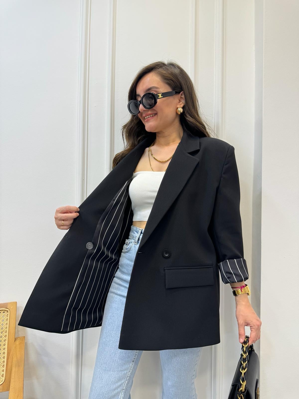 Siyah Premıum Seri Siyah Çizgili Astarlı Blazer Ceket 9412
