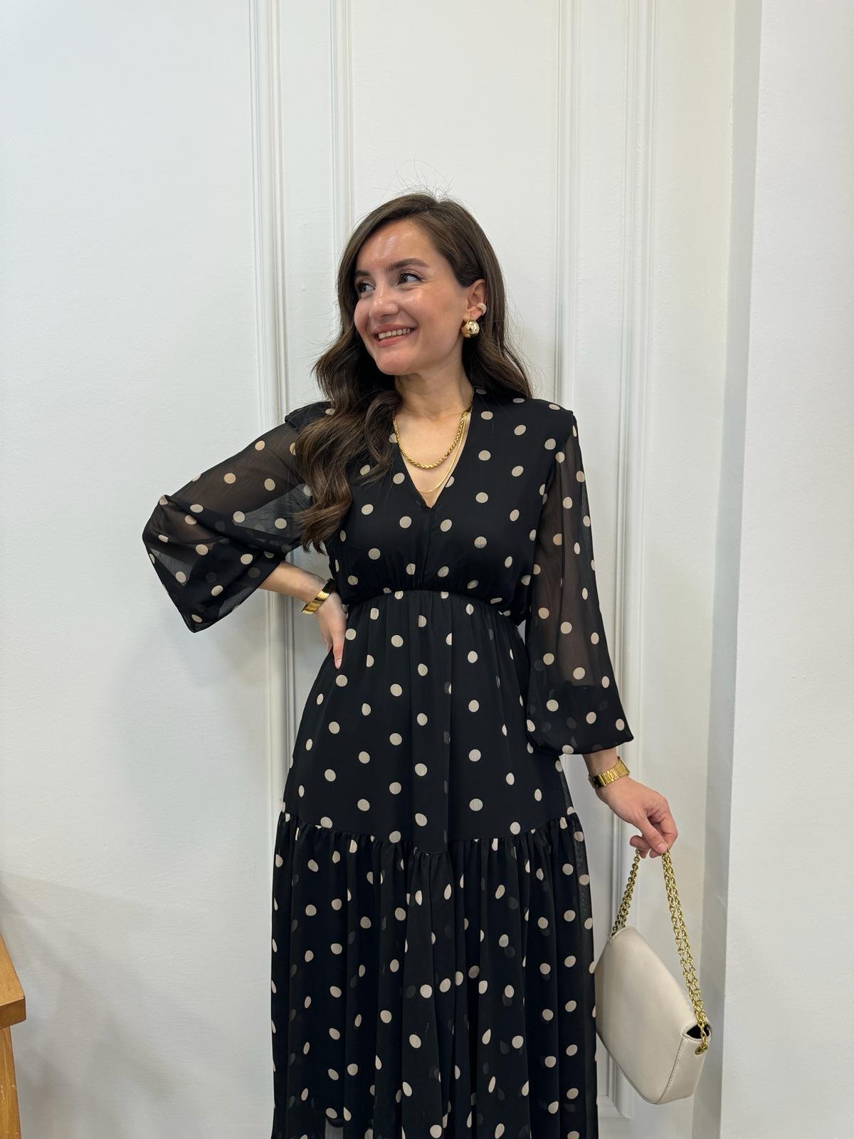 Siyah Puantiyeli Orijinal Marka Şifon Elbise 0204