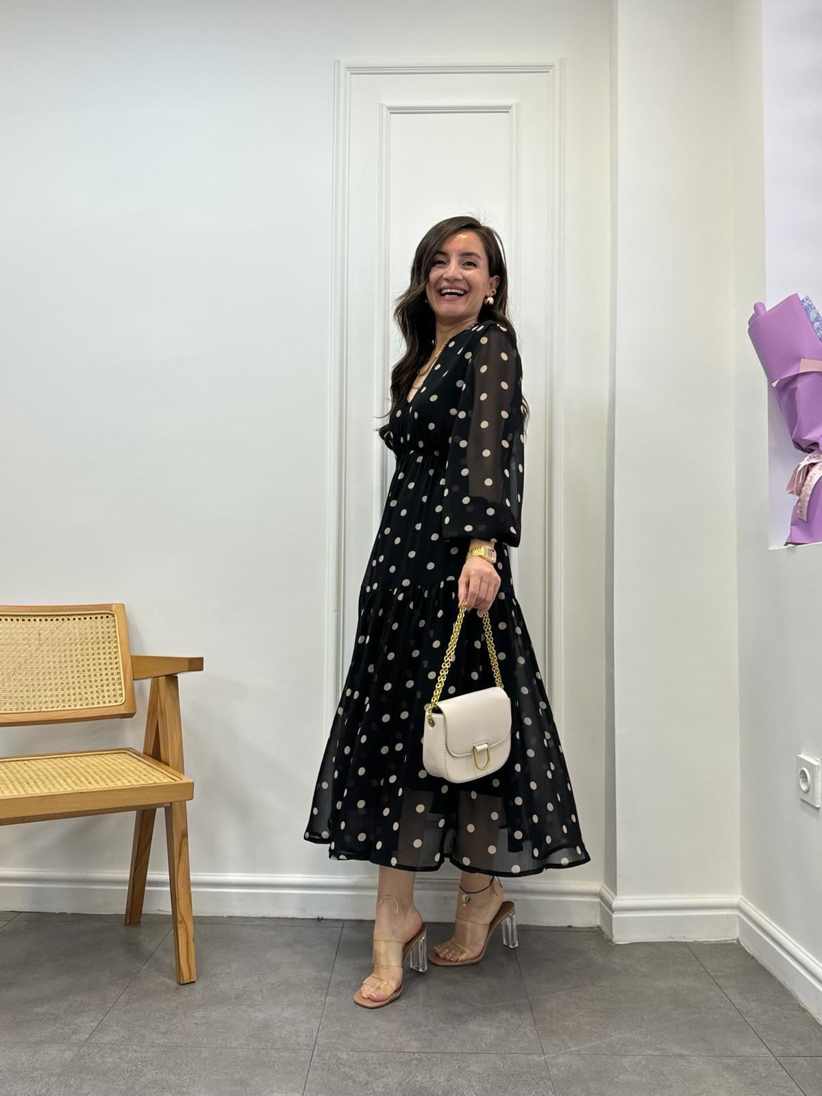 Siyah Puantiyeli Orijinal Marka Şifon Elbise 0204