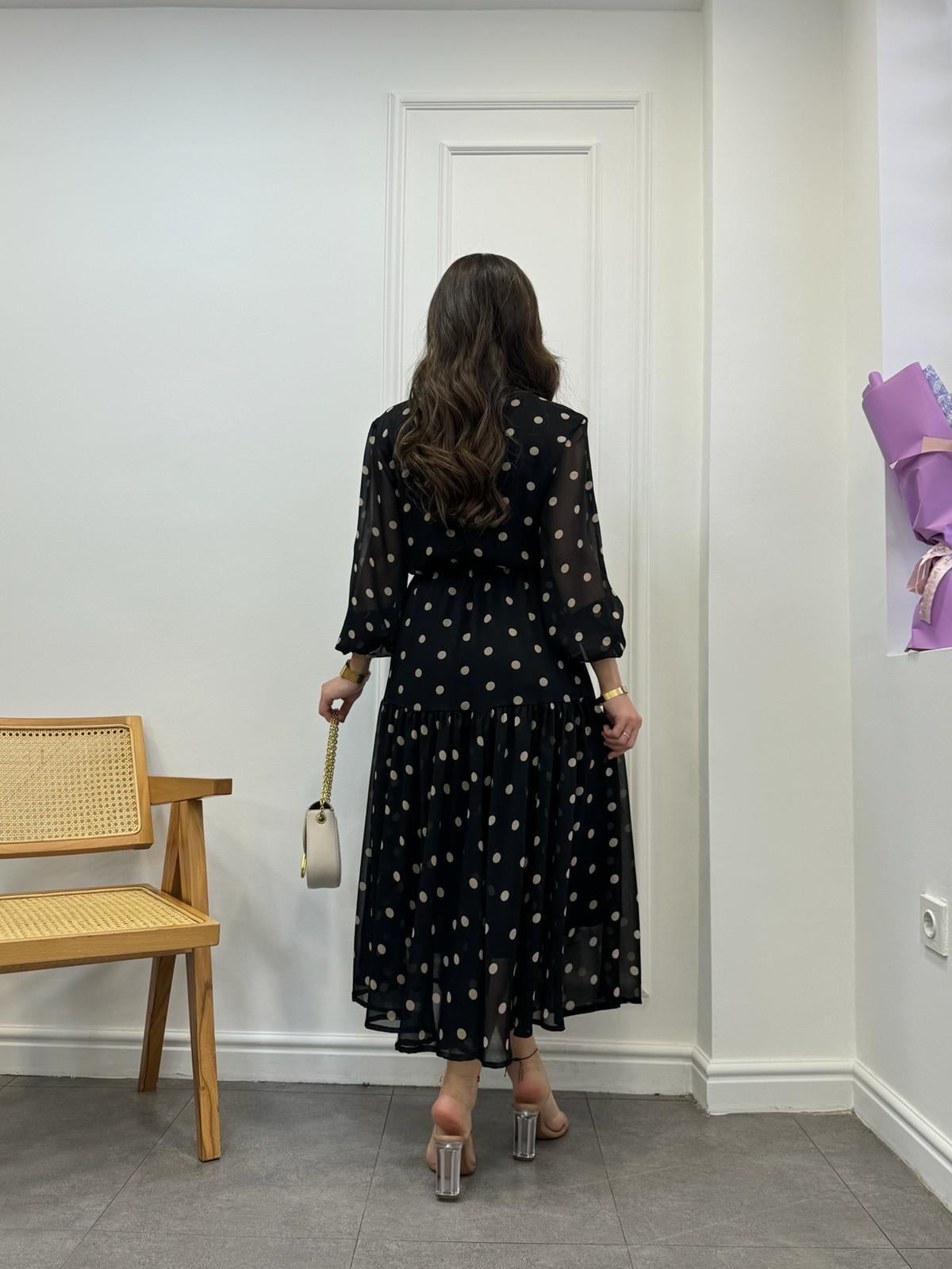 Siyah Puantiyeli Orijinal Marka Şifon Elbise 0204