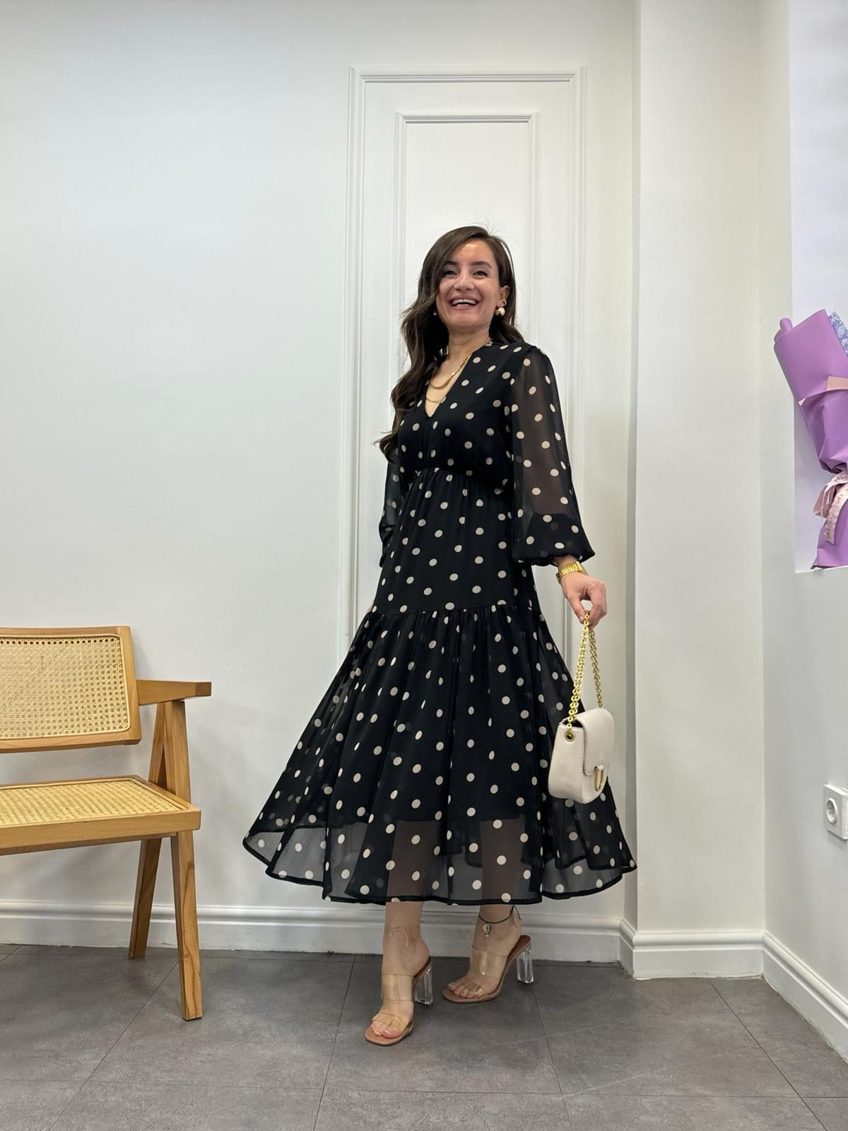 Siyah Puantiyeli Orijinal Marka Şifon Elbise 0204