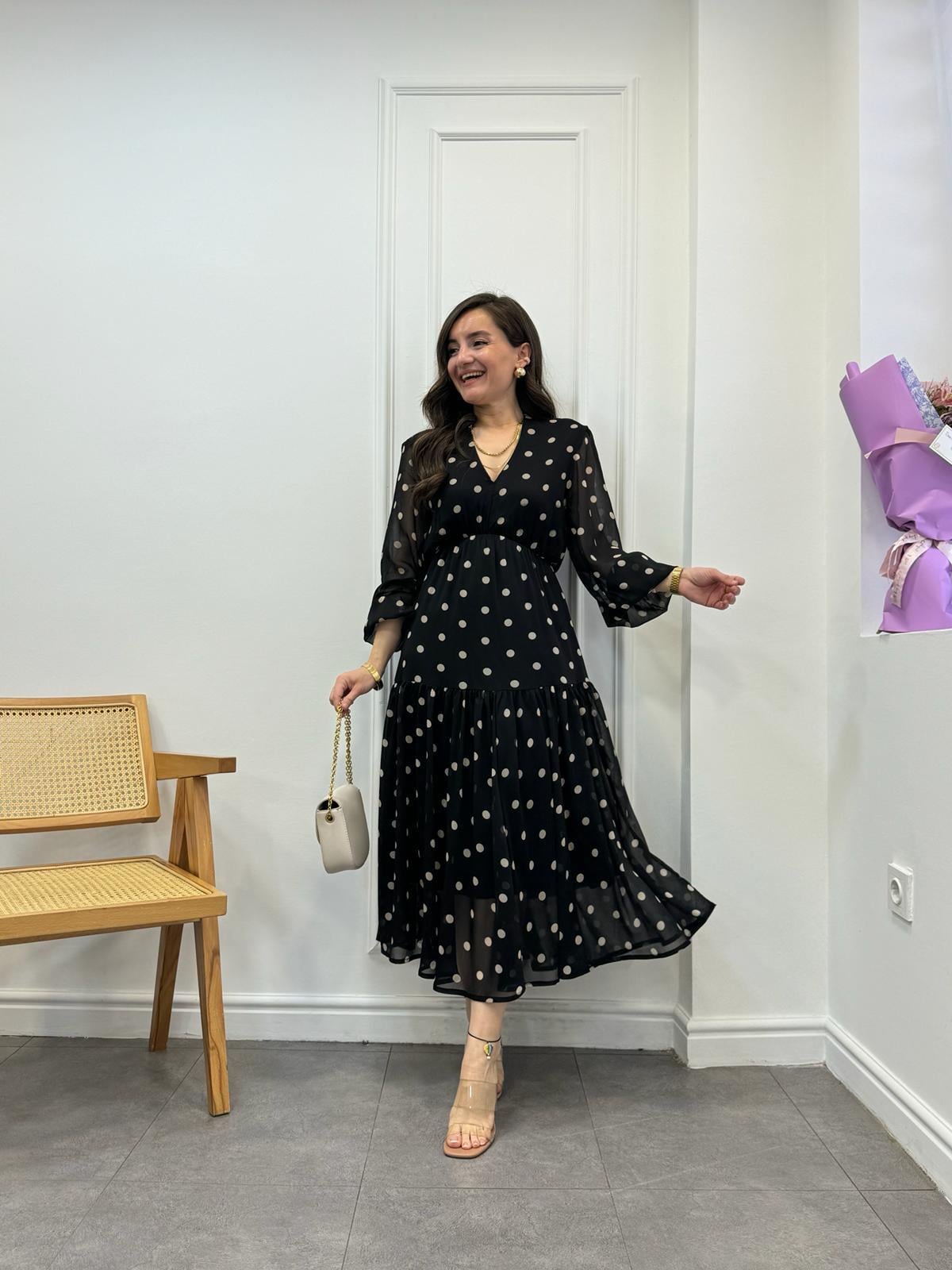 Siyah Puantiyeli Orijinal Marka Şifon Elbise 0204