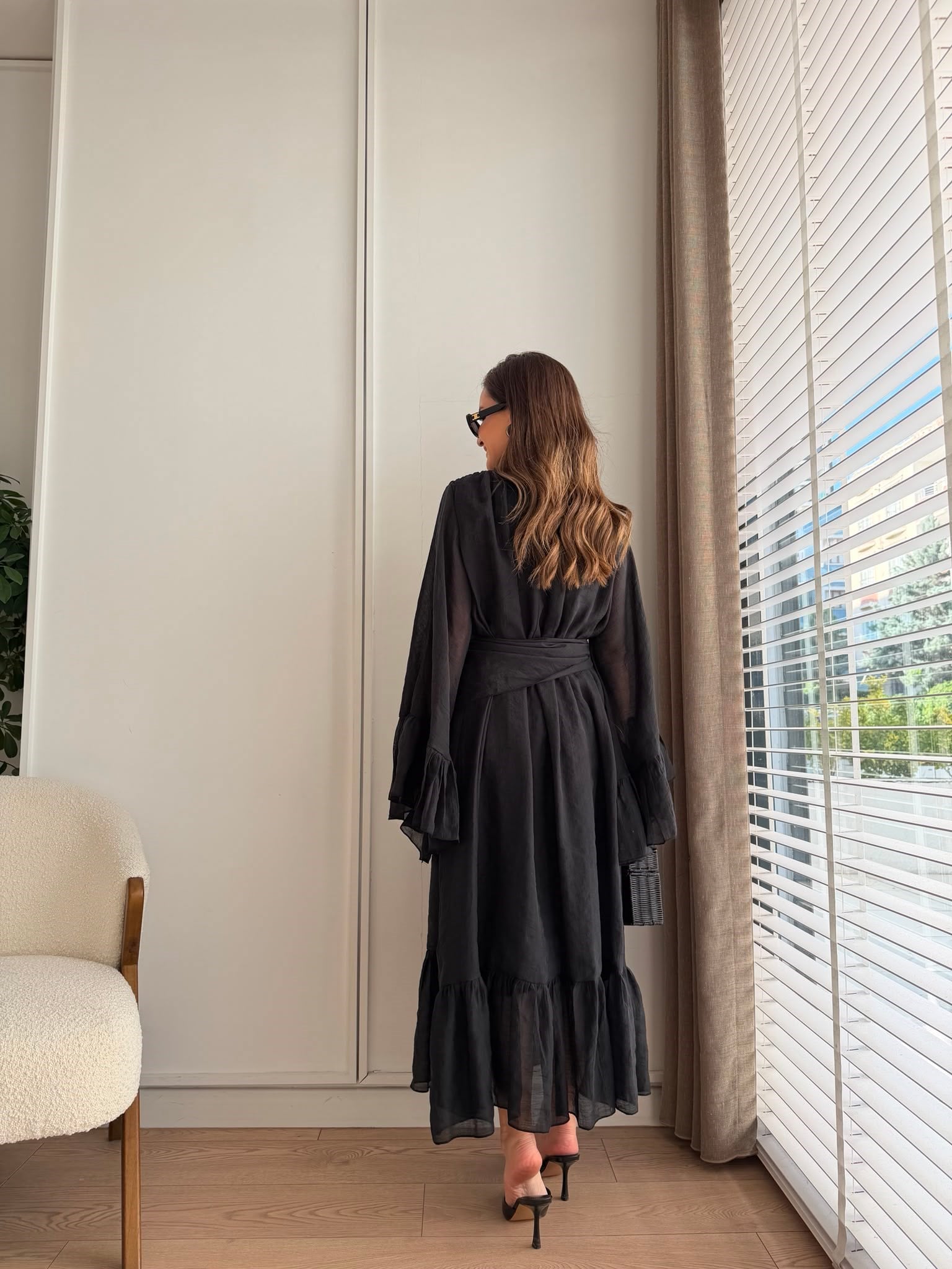Siyah Şallı Büzgülü Elbise 3404