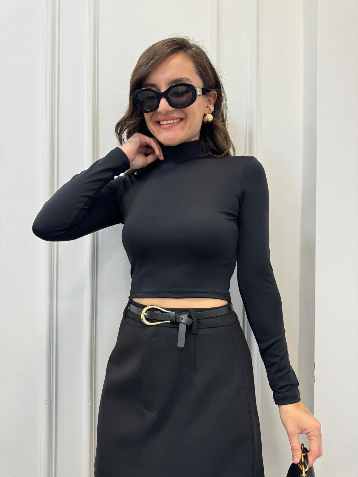 Siyah Sandy Kumaş Likralı  Uzun Kollu Bluz 210056
