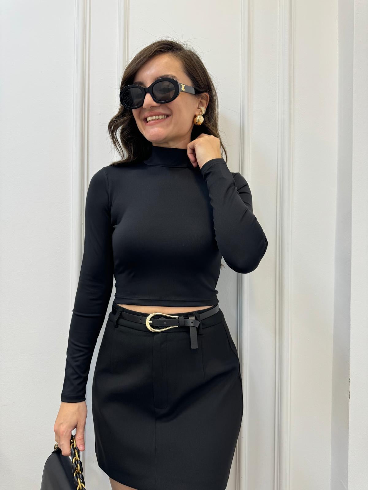 Siyah Sandy Kumaş Likralı  Uzun Kollu Bluz 210056