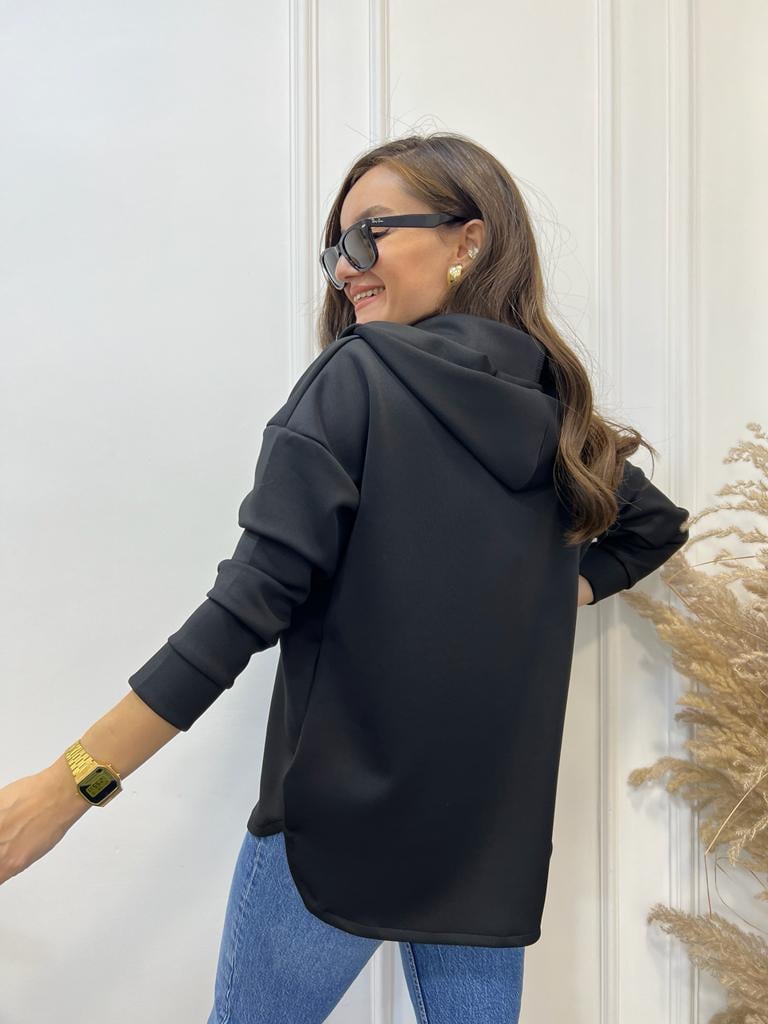 Siyah Scuba Kumaş Kapüşonlu Sweatshirt 1001