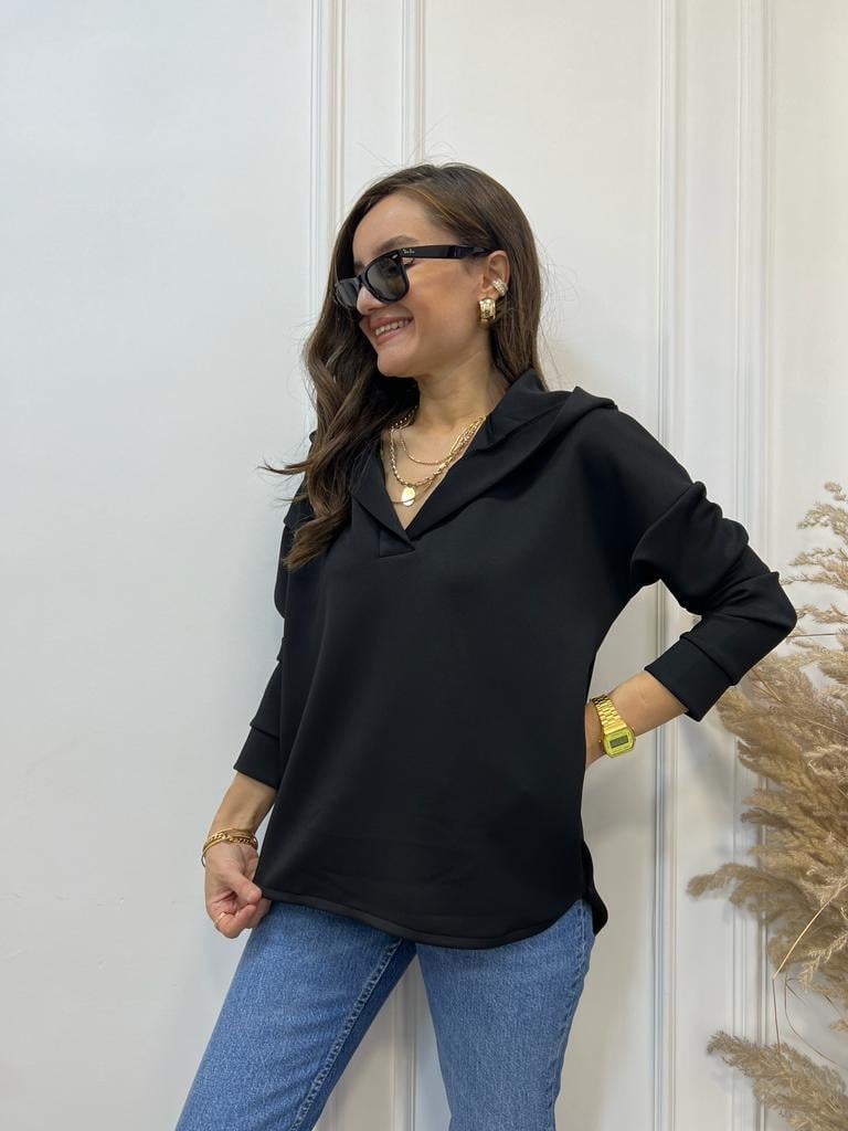 Siyah Scuba Kumaş Kapüşonlu Sweatshirt 1001