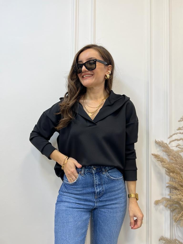 Siyah Scuba Kumaş Kapüşonlu Sweatshirt 1001