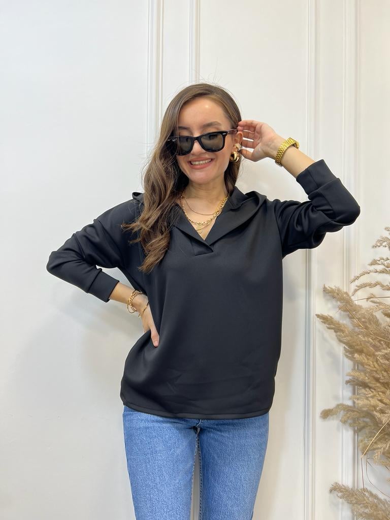Siyah Scuba Kumaş Kapüşonlu Sweatshirt 1001