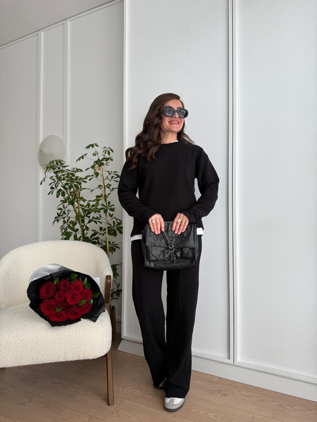 Siyah Selanik Kumaş Dikiş Detaylı Pantolon Sweet Takım 251002