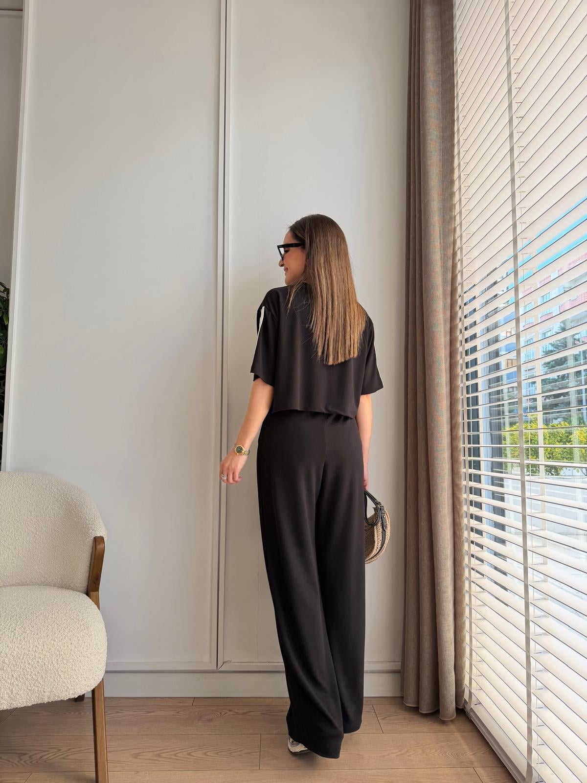 Siyah Şeritli Crop Pantolon Takım 4136