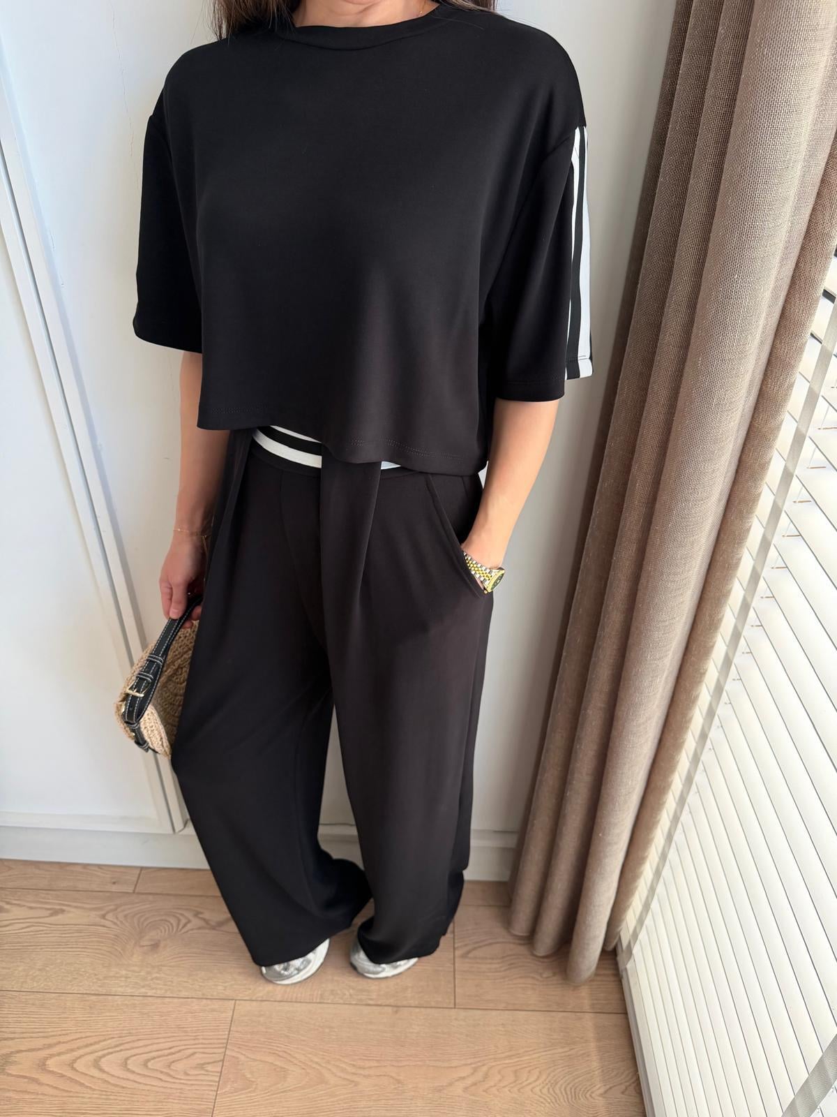 Siyah Şeritli Crop Pantolon Takım 4136