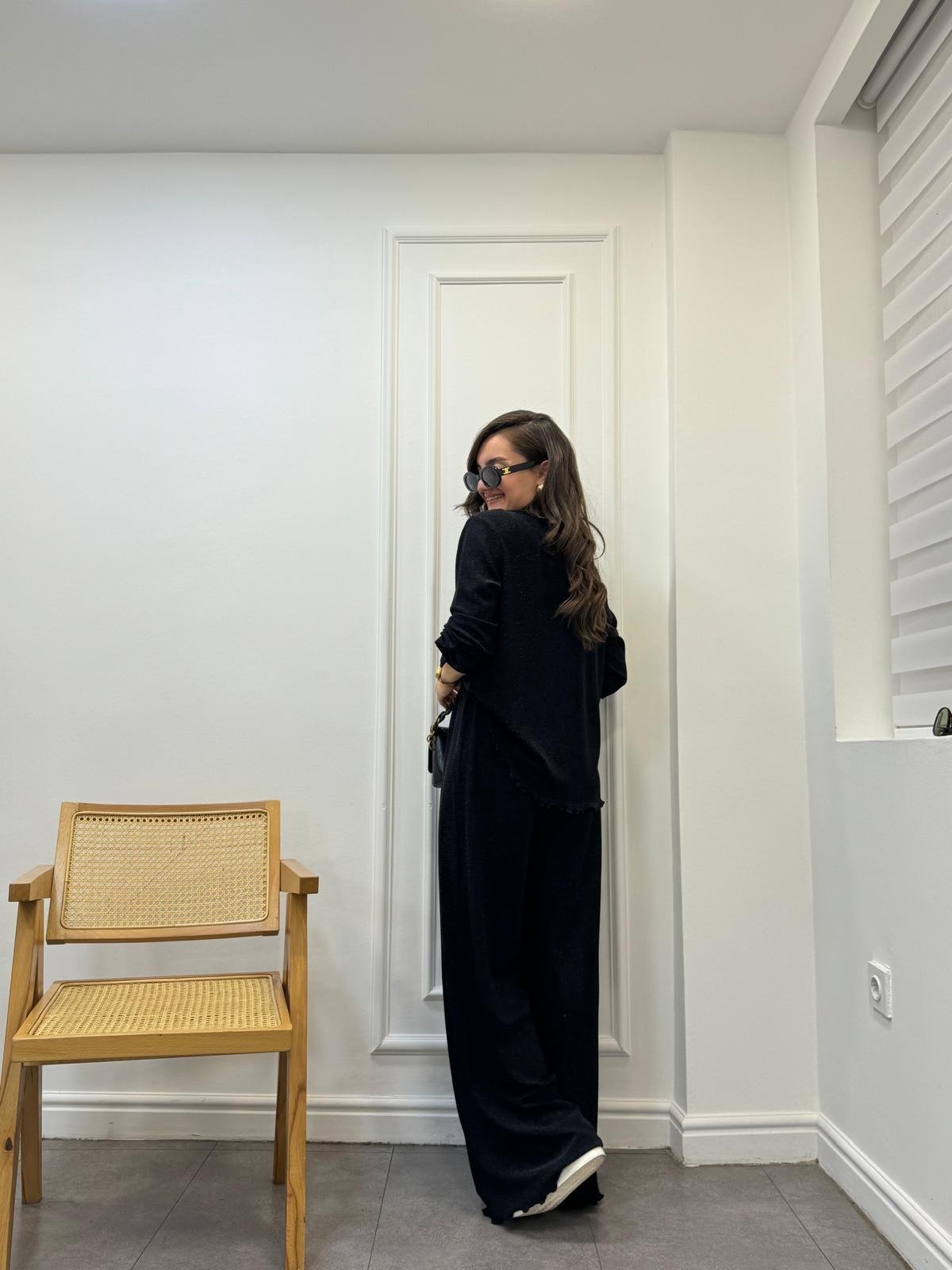 Siyah Sim Geçişli Düğmeli Gömlek Pantolon Takım 9904