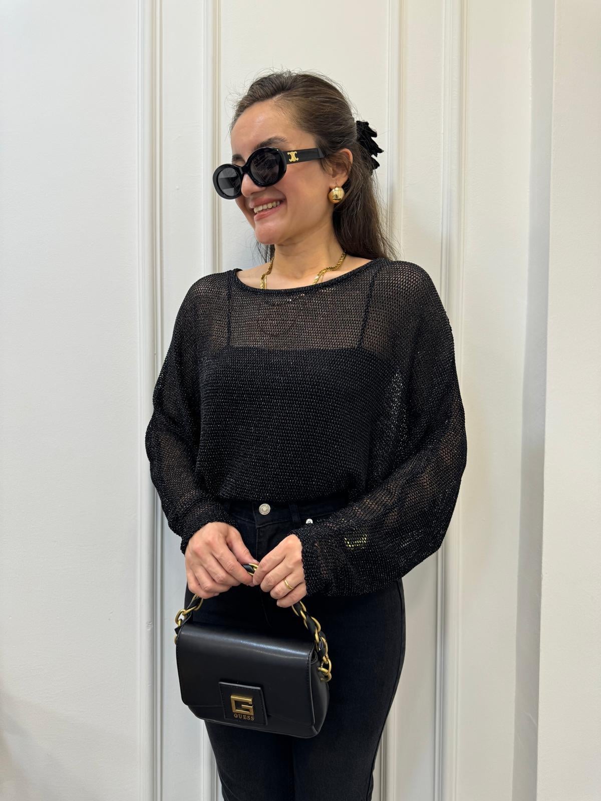 Siyah Sim Geçişli File Bluz 28432