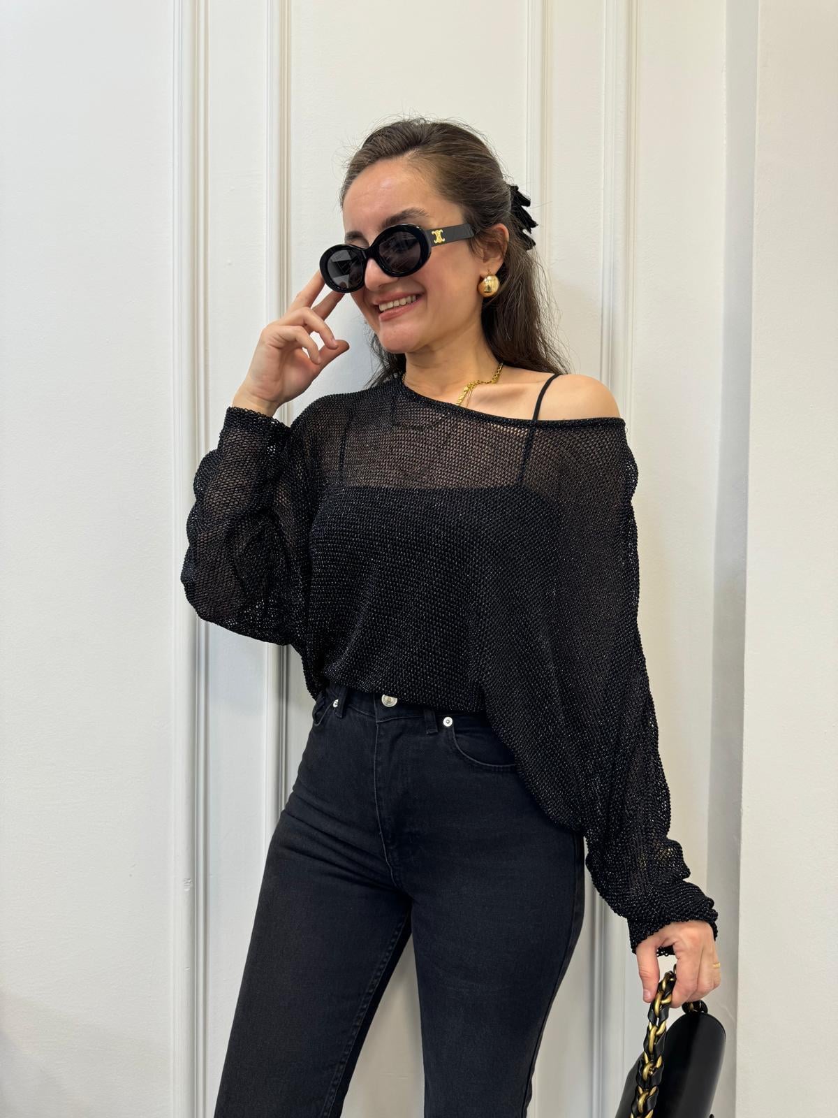 Siyah Sim Geçişli File Bluz 28432