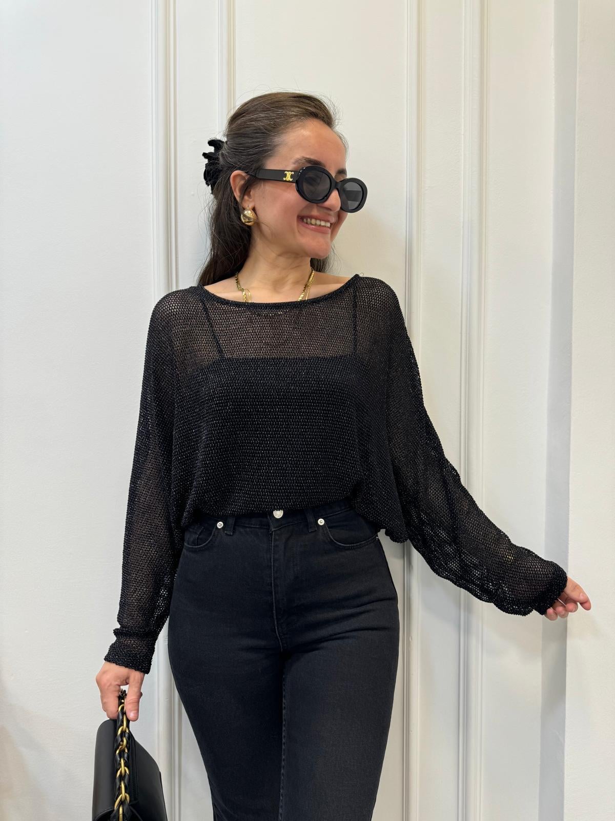 Siyah Sim Geçişli File Bluz 28432