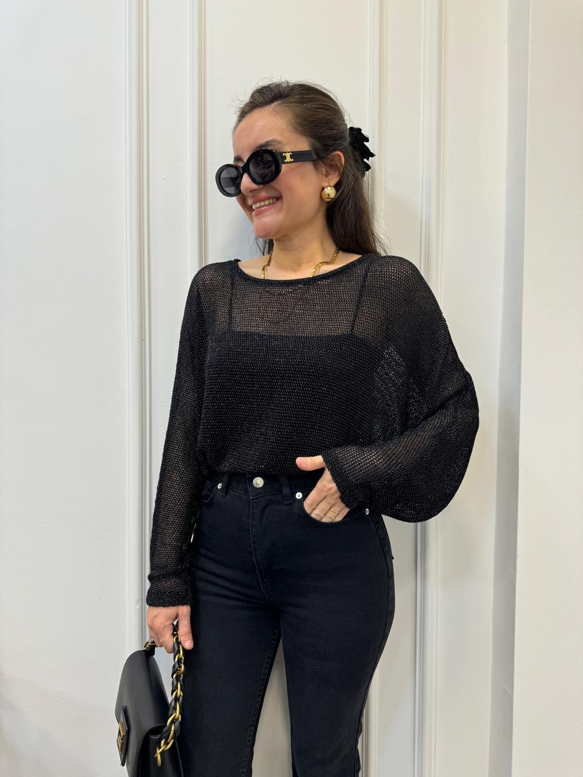 Siyah Sim Geçişli File Bluz 28432