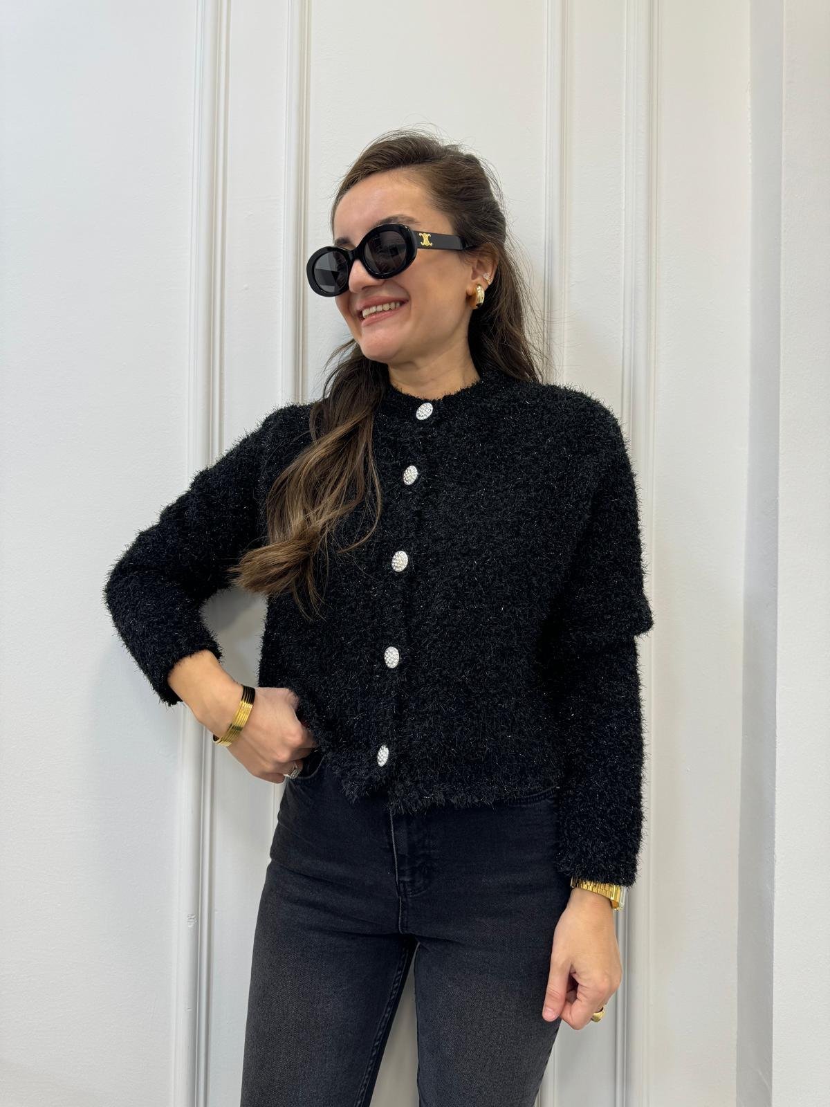 Siyah Sim Geçişli Taş Düğmeli Örme Hırka 3167
