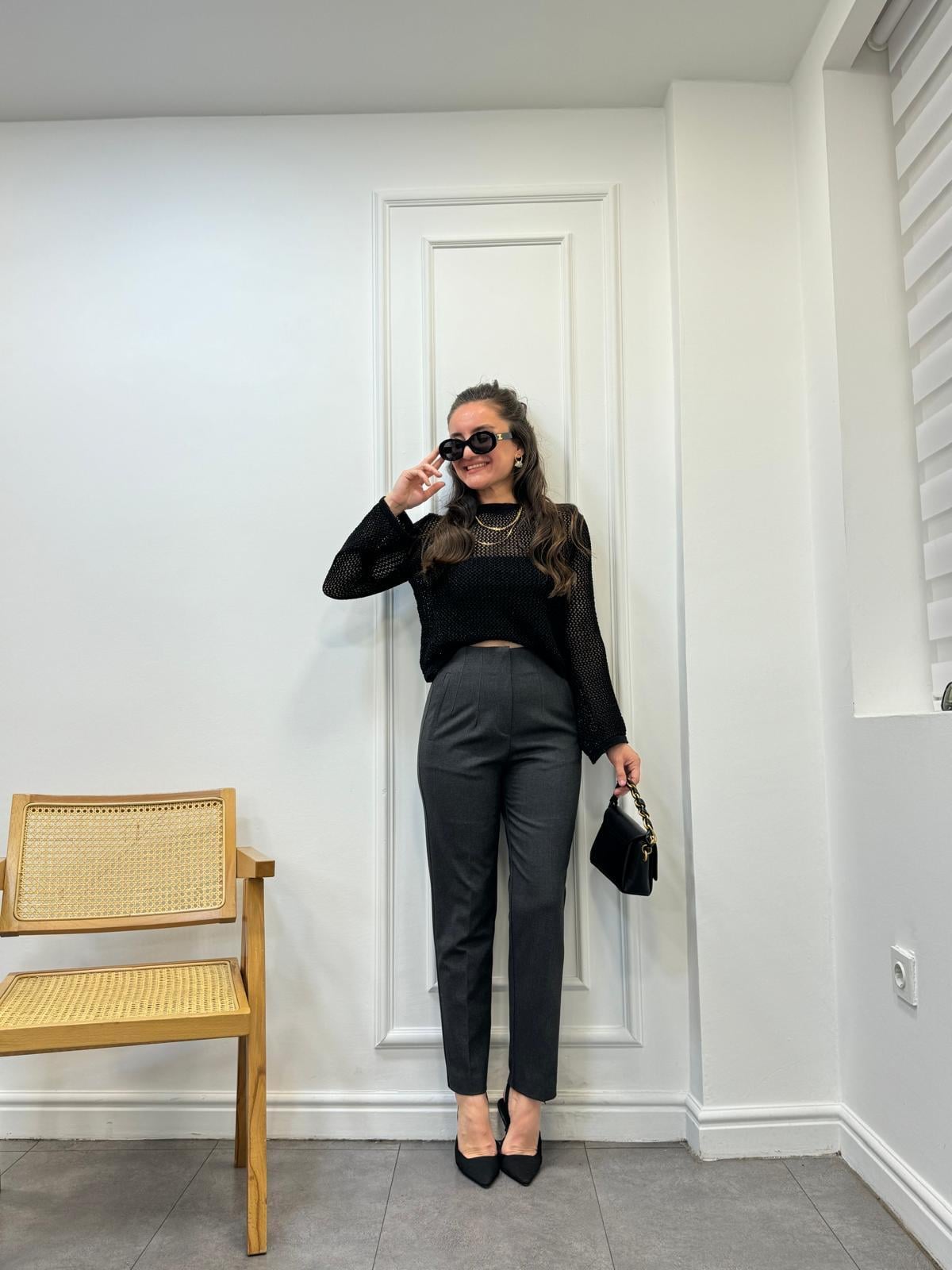 Siyah Simli Ajur Desen File Crop Kazak 3972