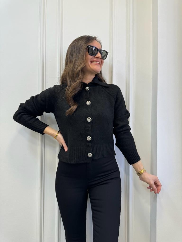Siyah Taş Düğme Detaylı Polo Yaka Hırka 3844
