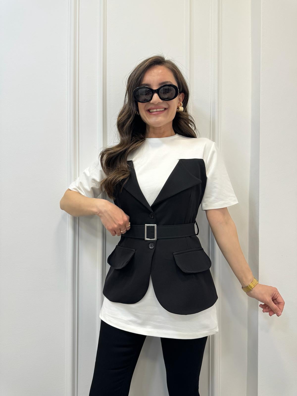 Siyah Tasarım Blazer Ceket Detaylı Bluz 58717