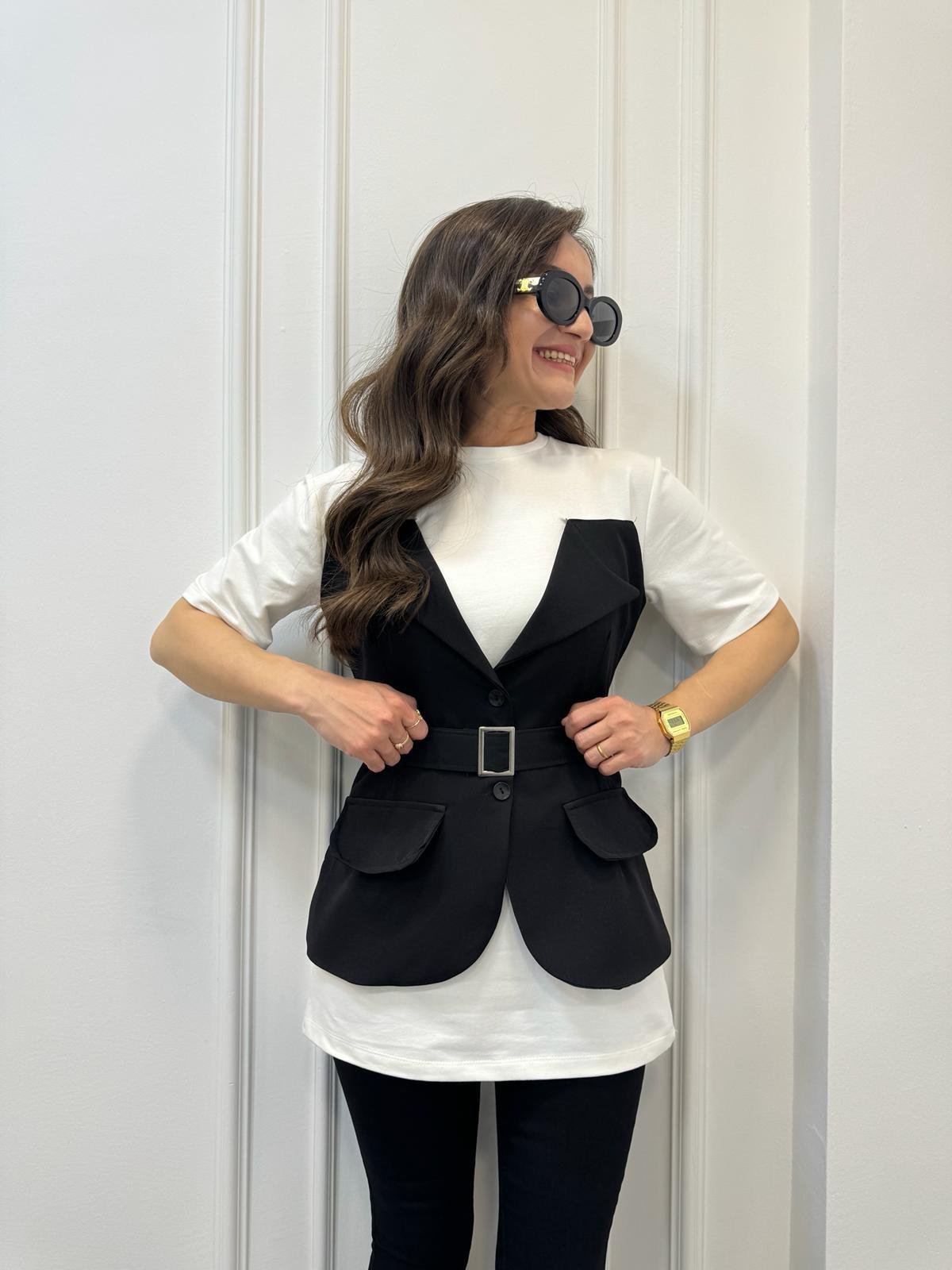 Siyah Tasarım Blazer Ceket Detaylı Bluz 58717