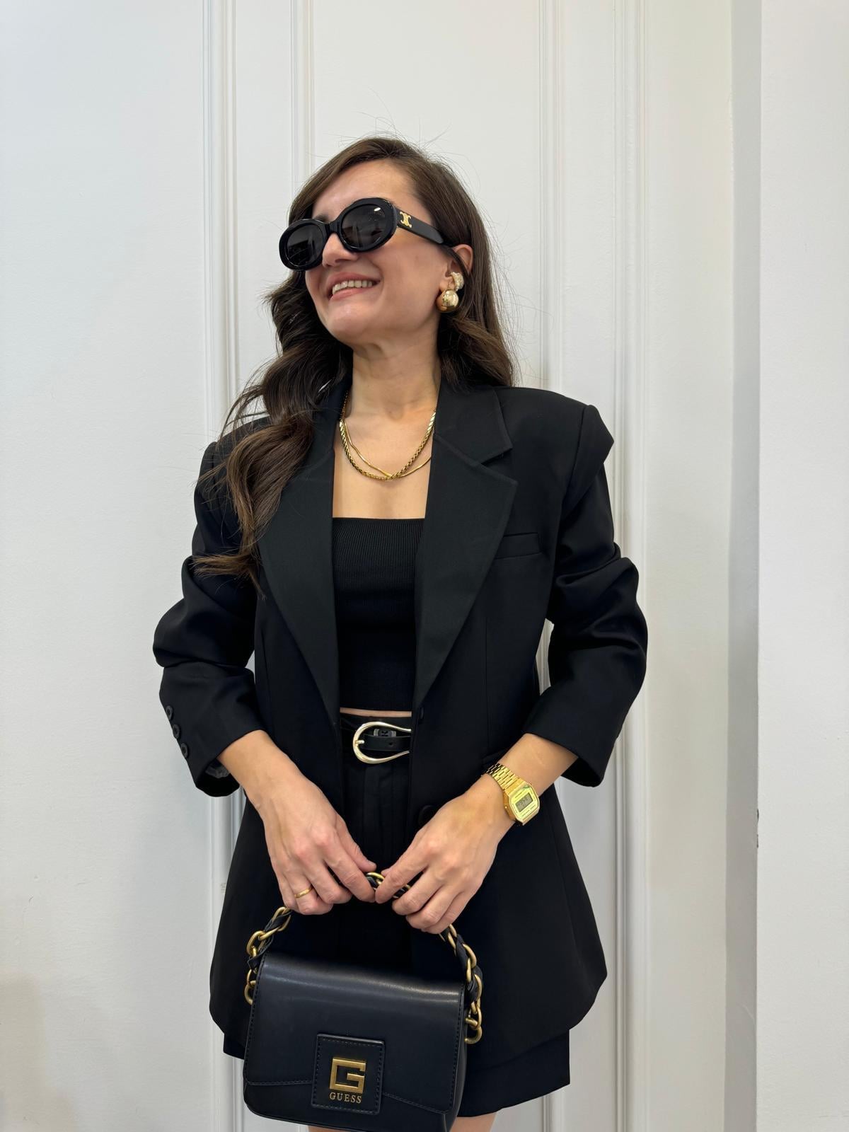 Siyah Tasarım Kemerli Etek Blazer Takım 9466