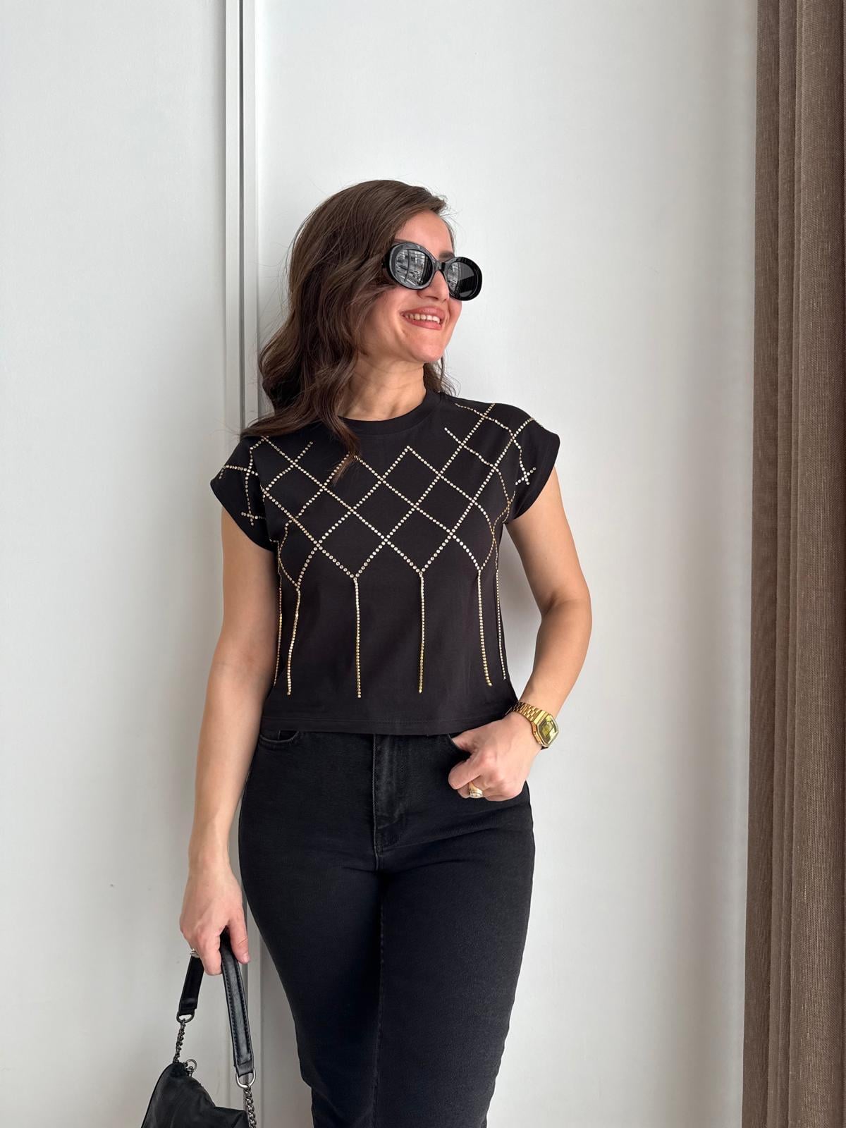 Siyah Taşlı Düşük Omuz Tshirt 16190