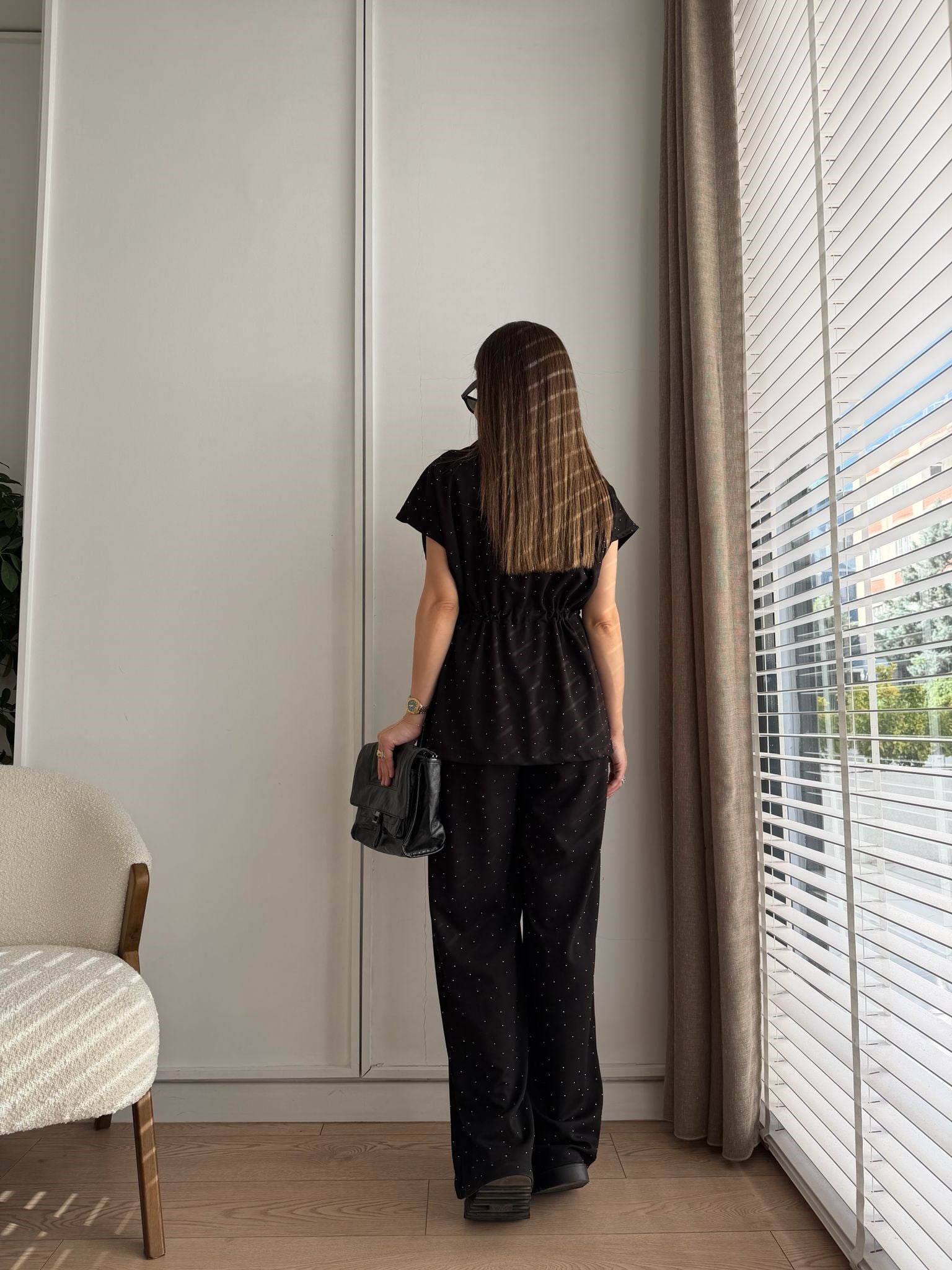 Siyah Taşlı Modal Kumaş Takım 4128